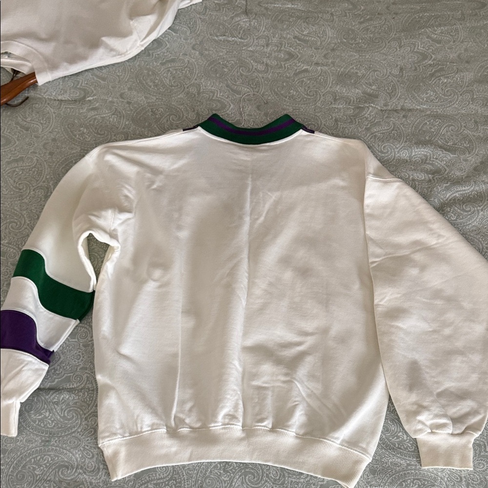 Wimbledon White V-Neck Sweaatshirt with Green & Purple Trim - Picture 5 of 6